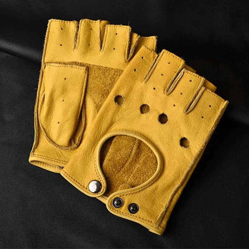 bicycle cleat robustness-Mens Fingerless Half Finger Driving Fitness Motorcycle Cycling Goatskin NEW Men Pu Leather Gloves Mittens